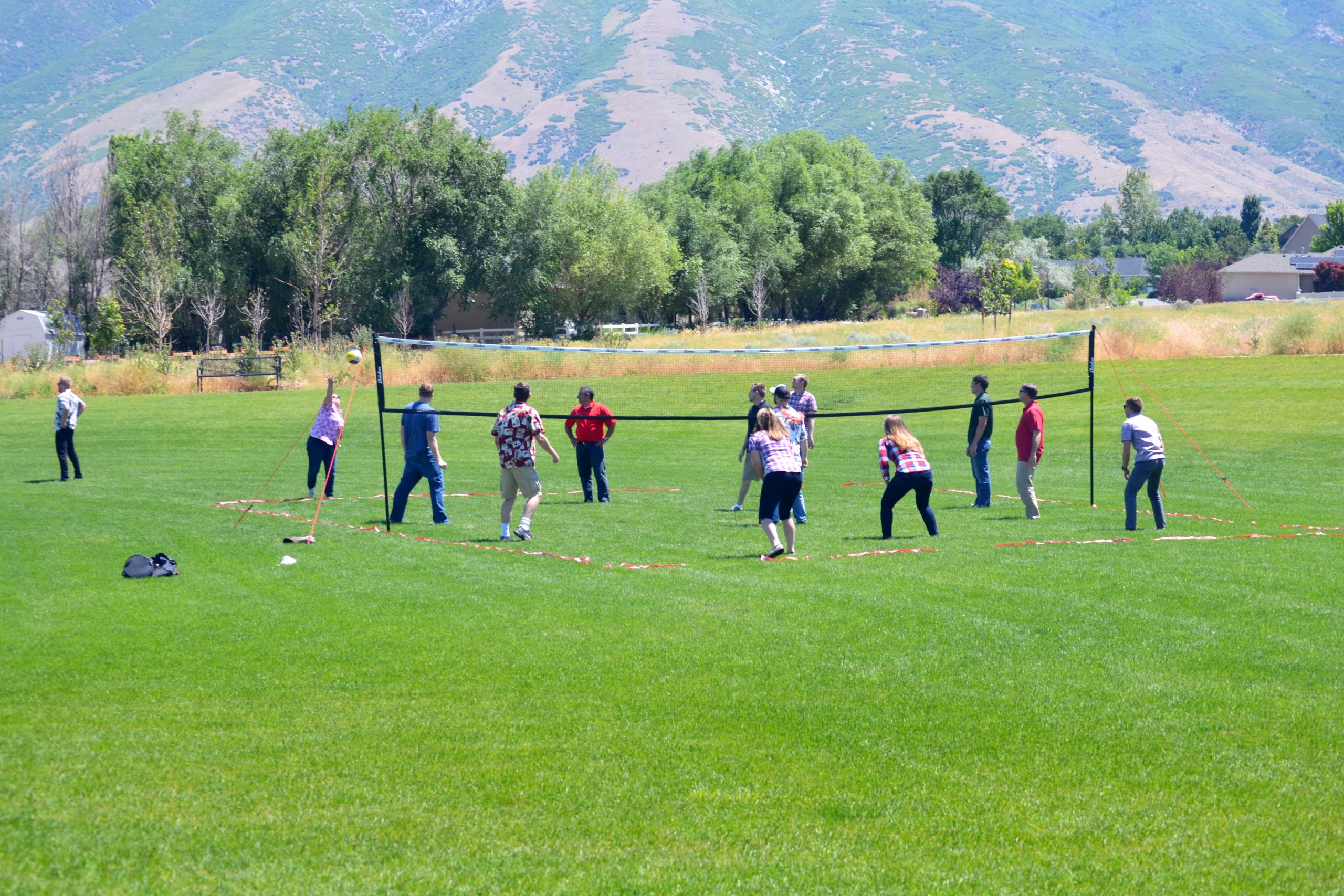 Group of people playing volleyball in grass field.