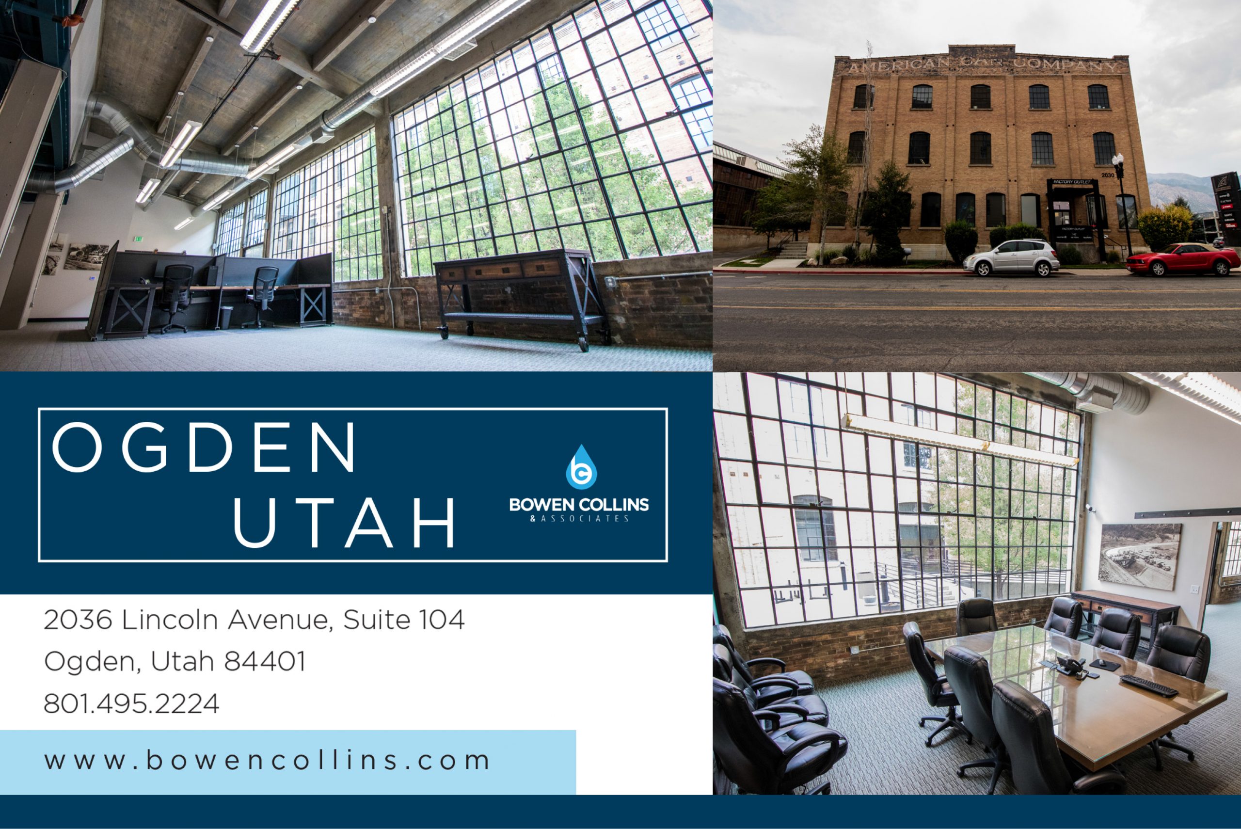 Compilation of photos showing Bowen Collins Ogden, Utah office with office info.